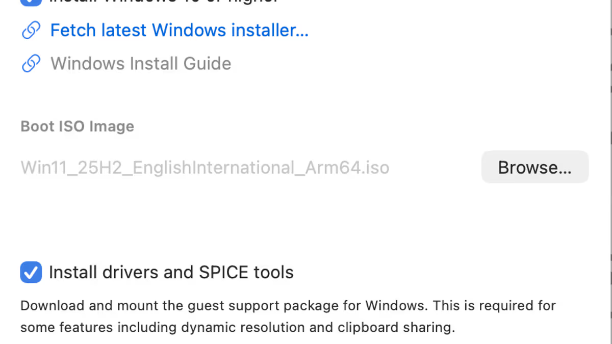 Selected windows 10 or higher. Shows that i selected iso image. Install drivers and SPICE tools is selected